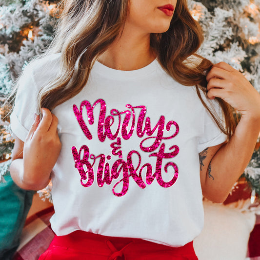 DTF Transfer Design D349- Pink Merry and Bright Faux Glitter