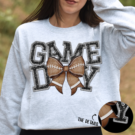 DTF Transfer Design D350- Game Day with Football Bow Faux Glitter