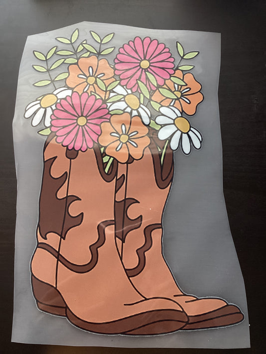 DTF Transfer Design D414- Brown Boots with Flowers