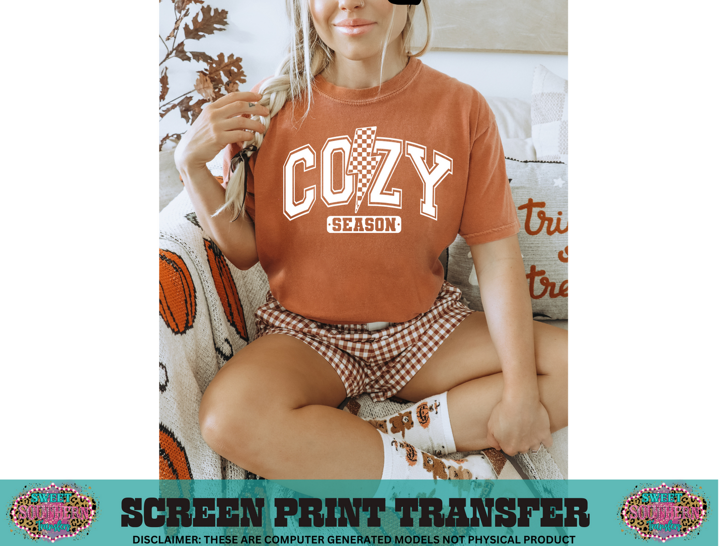 Screen Print Transfer Design S163- Cozy Season Checkered Lightening