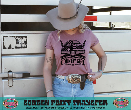Screen Print Transfer Design S101-Country Girl Skull American Skull