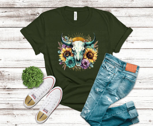 DTF Transfer Design D151- Skull and Sunflowers