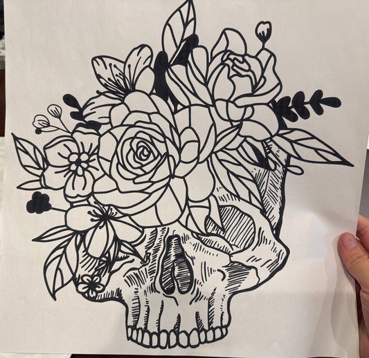 Screen Print Transfer Design S227- Skull with Flowers