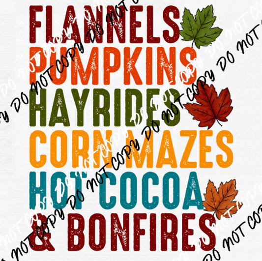 DTF Transfer Design D224- Flannels Pumpkins Hayrides Corn Mazes Hot Cocoa Bonfires